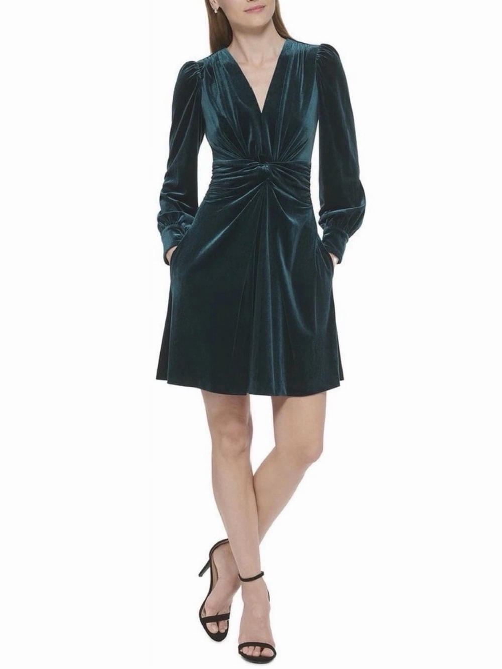 NWT Vince Camuto Deep Green Velvet V-Neck Twist-Front Long Sleeve Dress